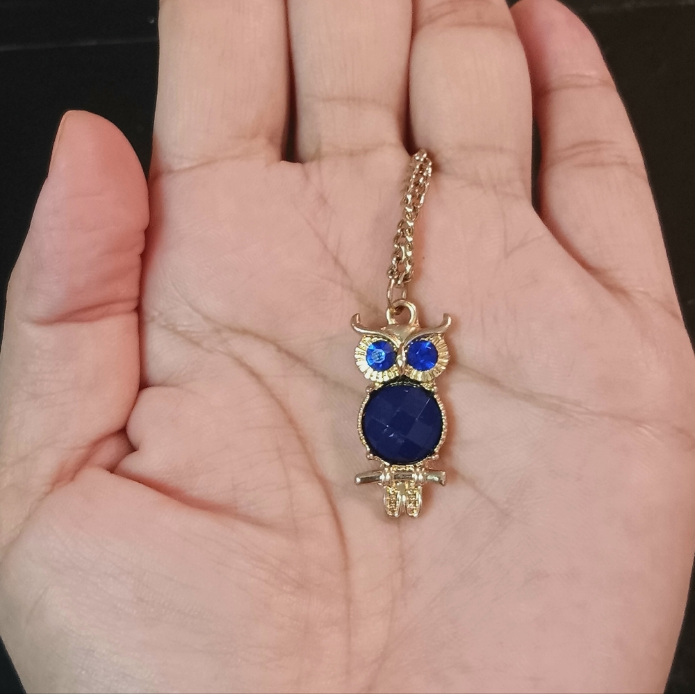 The Little Blue Owl Pendant, Long Gold Color  Chain Necklace.